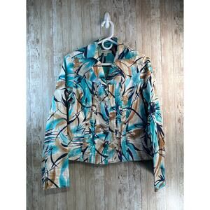Coldwater Creek Blazer‎ Jacket Womens 6 Turquoise Printed Pleated Front Stretch